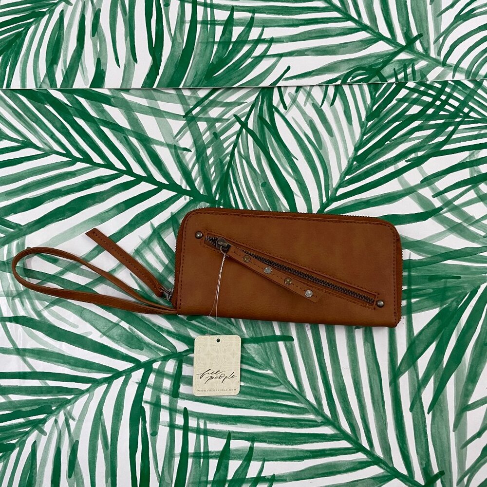 Free People Brown Vegan Leather Distressed Zip Around Wristlet